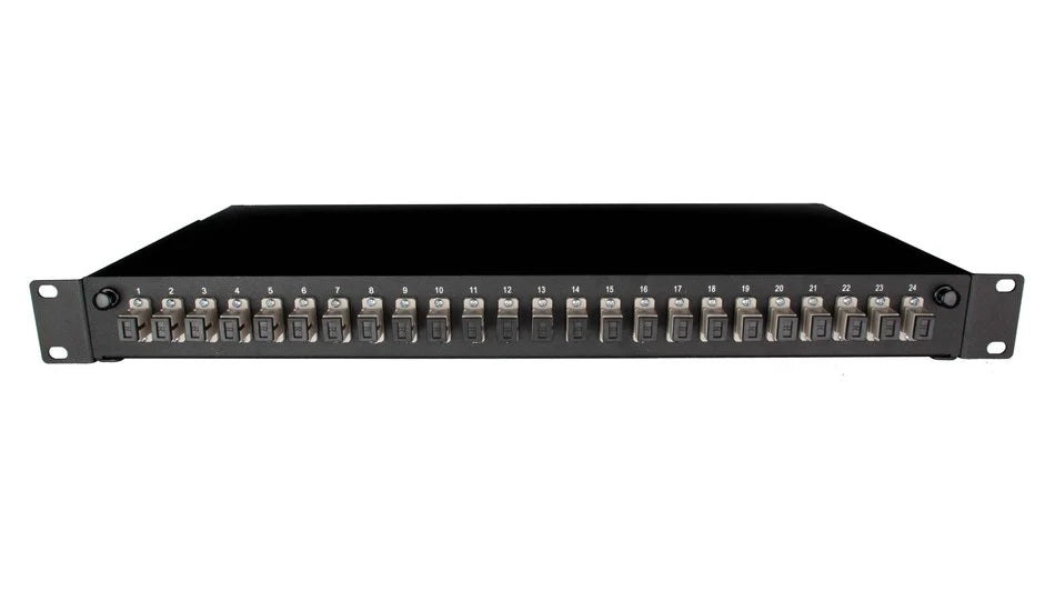 “1U multimode SC fibre patch panel with 12 SC duplex adaptors – rackmount sliding tray”