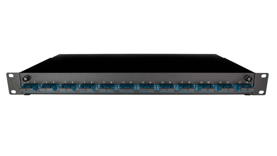 Singlemode SC Duplex Fibre Patch Panel – 1U rackmount, sliding tray with 2 to 12 SC duplex adaptors, ready for telecom and data centre use