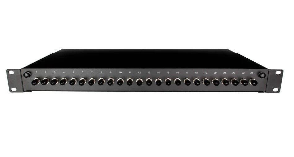 1U rack-mount fibre patch panel loaded with ST multimode simplex adapters – black sliding design for structured cabling
