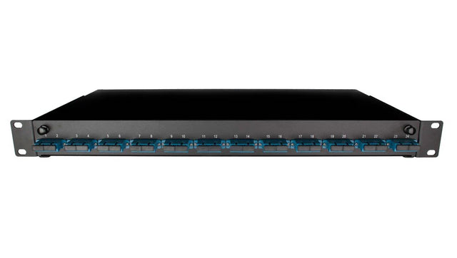 Singlemode FC Fibre Patch Panel – 1U rackmount with 4 to 24 FC simplex adaptors, preloaded in sliding tray for telecom and fibre networks