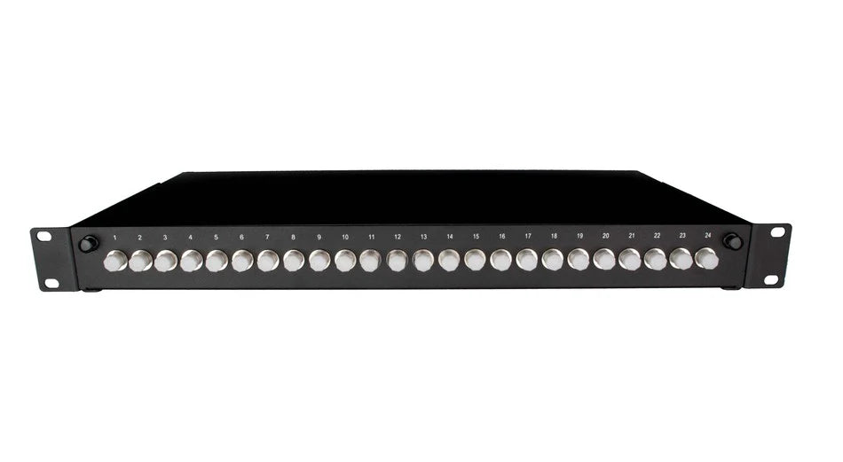 “1U singlemode FC fibre patch panel with 24 FC simplex adaptors – rackmount sliding tray”
